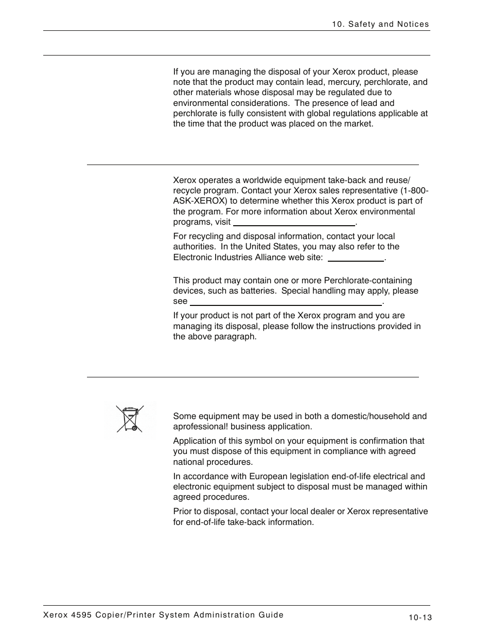 Product recycling and disposal, Product recycling and disposal -13 | Xerox 4595 con Xerox FreeFlow DocuSP Print Controller-15553 User Manual | Page 391 / 402