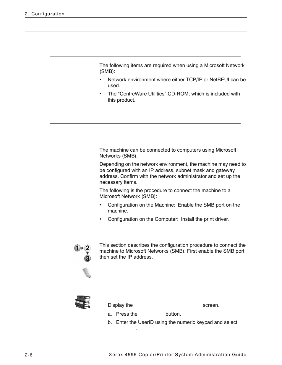 Microsoft network (smb), Preparations, Configuration procedure | Overview, Configuration on the machine, Microsoft network (smb) -6, Preparations -6 configuration procedure -6, Overview -6 configuration on the machine -6 | Xerox 4595 con Xerox FreeFlow DocuSP Print Controller-15553 User Manual | Page 40 / 402