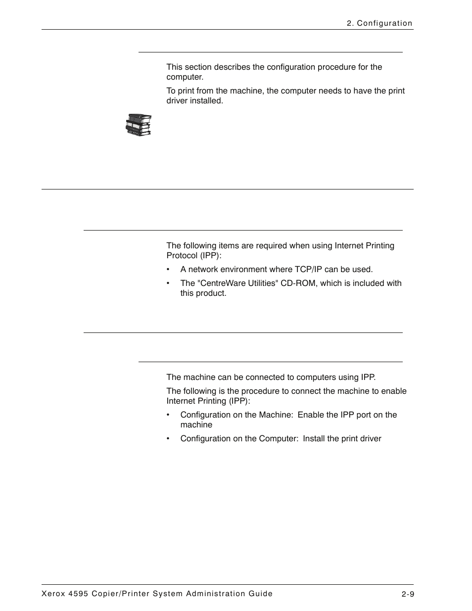 Configuration on the computer, Internet printing protocol (ipp), Preparations | Configuration procedure, Overview, Configuration on the computer -9, Internet printing protocol (ipp) -9, Preparations -9 configuration procedure -9, Overview -9 | Xerox 4595 con Xerox FreeFlow DocuSP Print Controller-15553 User Manual | Page 43 / 402