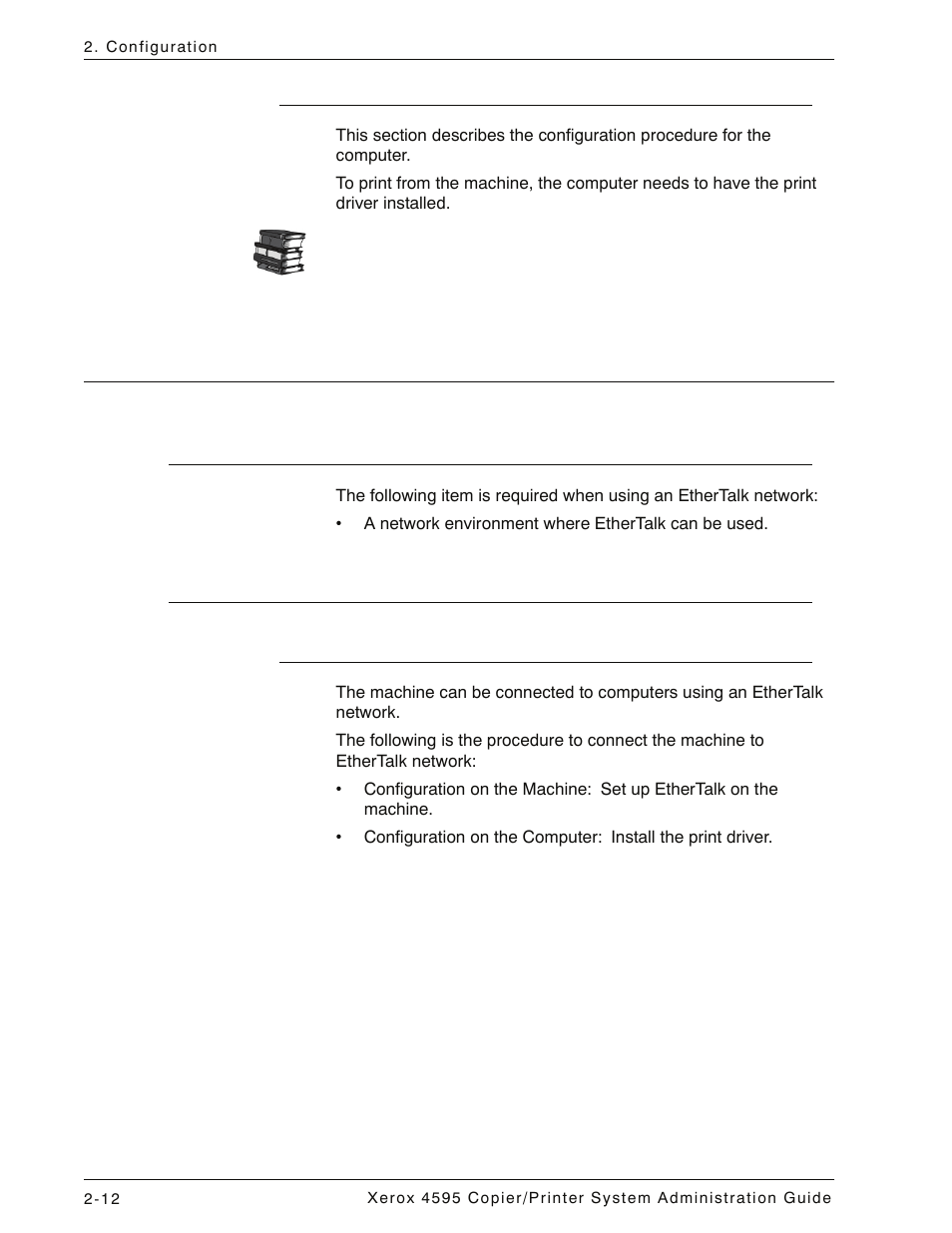 Configuration on the computer, Ethertalk, Preparations | Configuration procedure, Overview, Configuration on the computer -12, Ethertalk -12, Preparations -12 configuration procedure -12, Overview -12 | Xerox 4595 con Xerox FreeFlow DocuSP Print Controller-15553 User Manual | Page 46 / 402