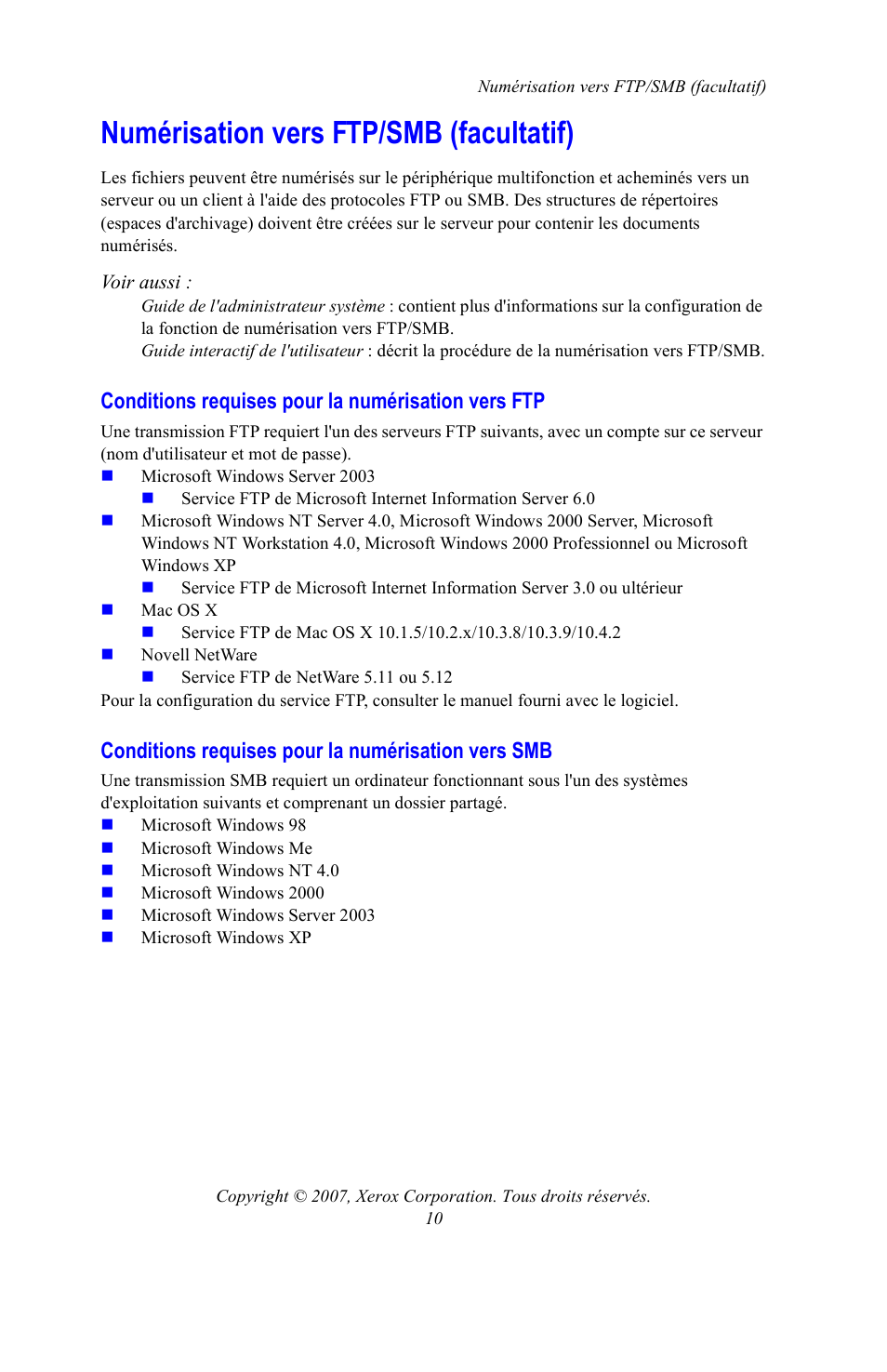 Numérisation vers ftp/smb (facultatif), Conditions requises pour la numérisation vers ftp, Conditions requises pour la numérisation vers smb | Xerox WorkCentre 7328-7335-7345-7346 con built-in controller-15753 User Manual | Page 22 / 84