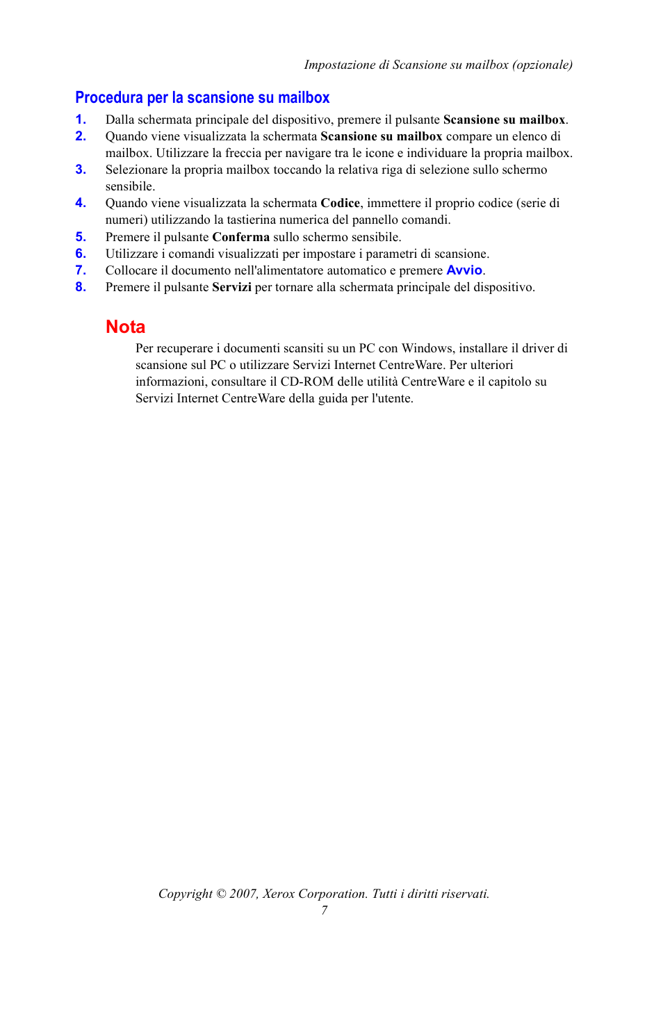 Procedura per la scansione su mailbox, Nota | Xerox WorkCentre 7328-7335-7345-7346 con built-in controller-15753 User Manual | Page 33 / 84