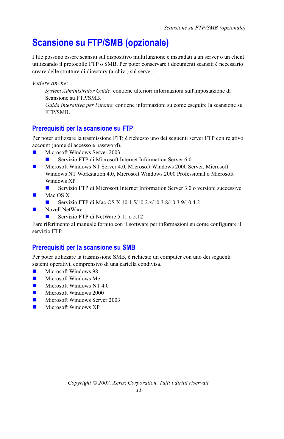 Scansione su ftp/smb (opzionale), Prerequisiti per la scansione su ftp, Prerequisiti per la scansione su smb | Xerox WorkCentre 7328-7335-7345-7346 con built-in controller-15753 User Manual | Page 37 / 84