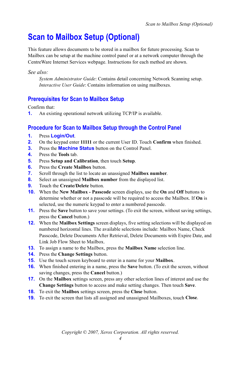 Scan to mailbox setup (optional), Prerequisites for scan to mailbox setup | Xerox WorkCentre 7328-7335-7345-7346 con built-in controller-15753 User Manual | Page 4 / 84