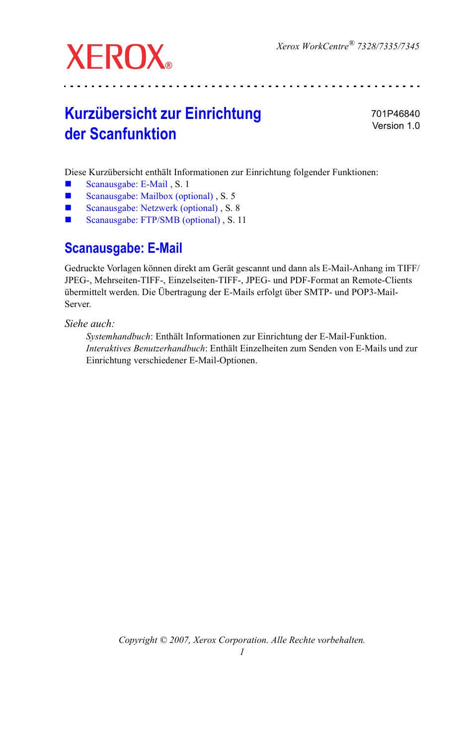 Kurzübersicht zur einrichtung der scanfunktion, Scanausgabe: e-mail | Xerox WorkCentre 7328-7335-7345-7346 con built-in controller-15753 User Manual | Page 41 / 84