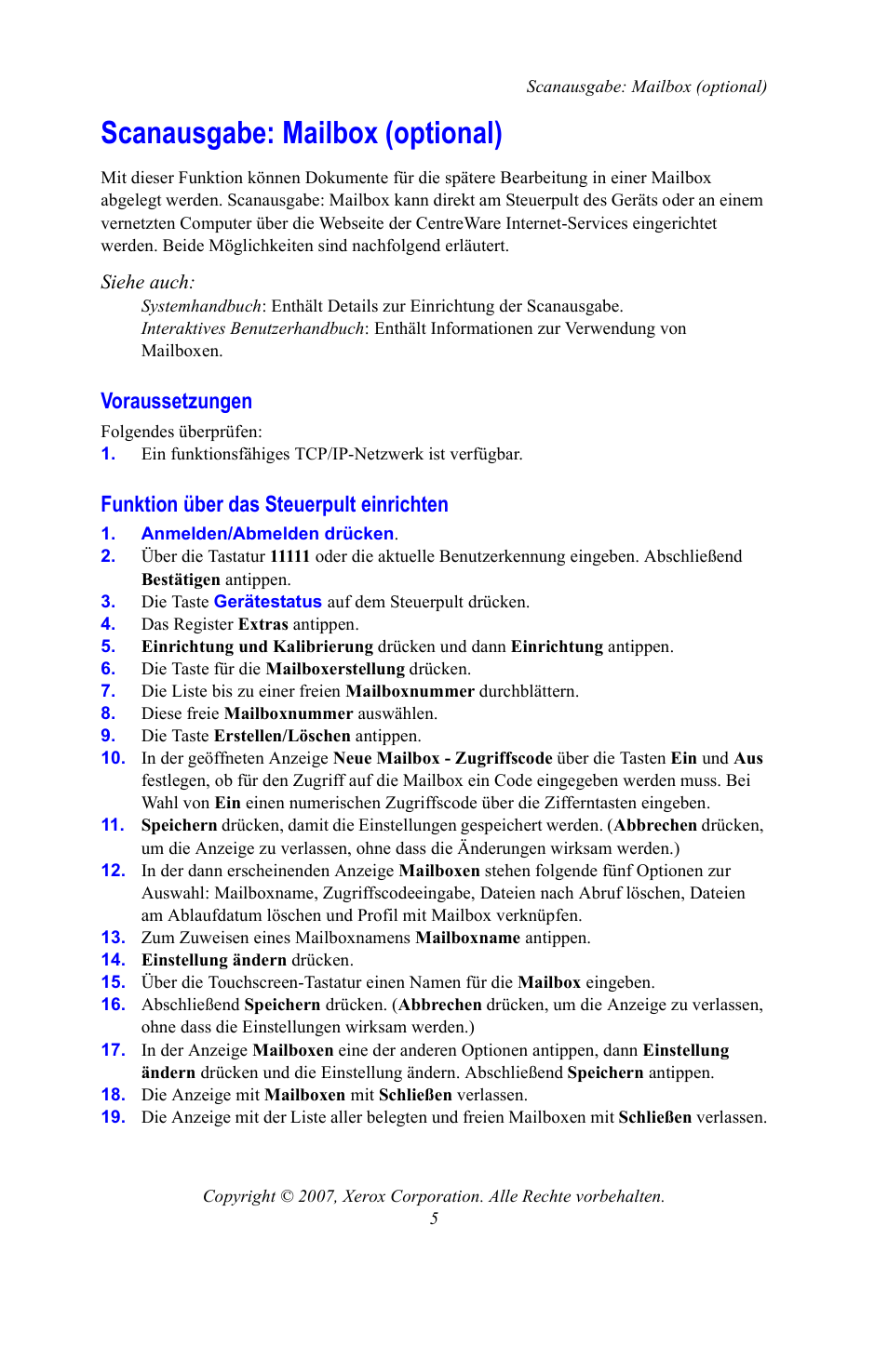 Scanausgabe: mailbox (optional), Voraussetzungen, Funktion über das steuerpult einrichten | S. 5 | Xerox WorkCentre 7328-7335-7345-7346 con built-in controller-15753 User Manual | Page 45 / 84