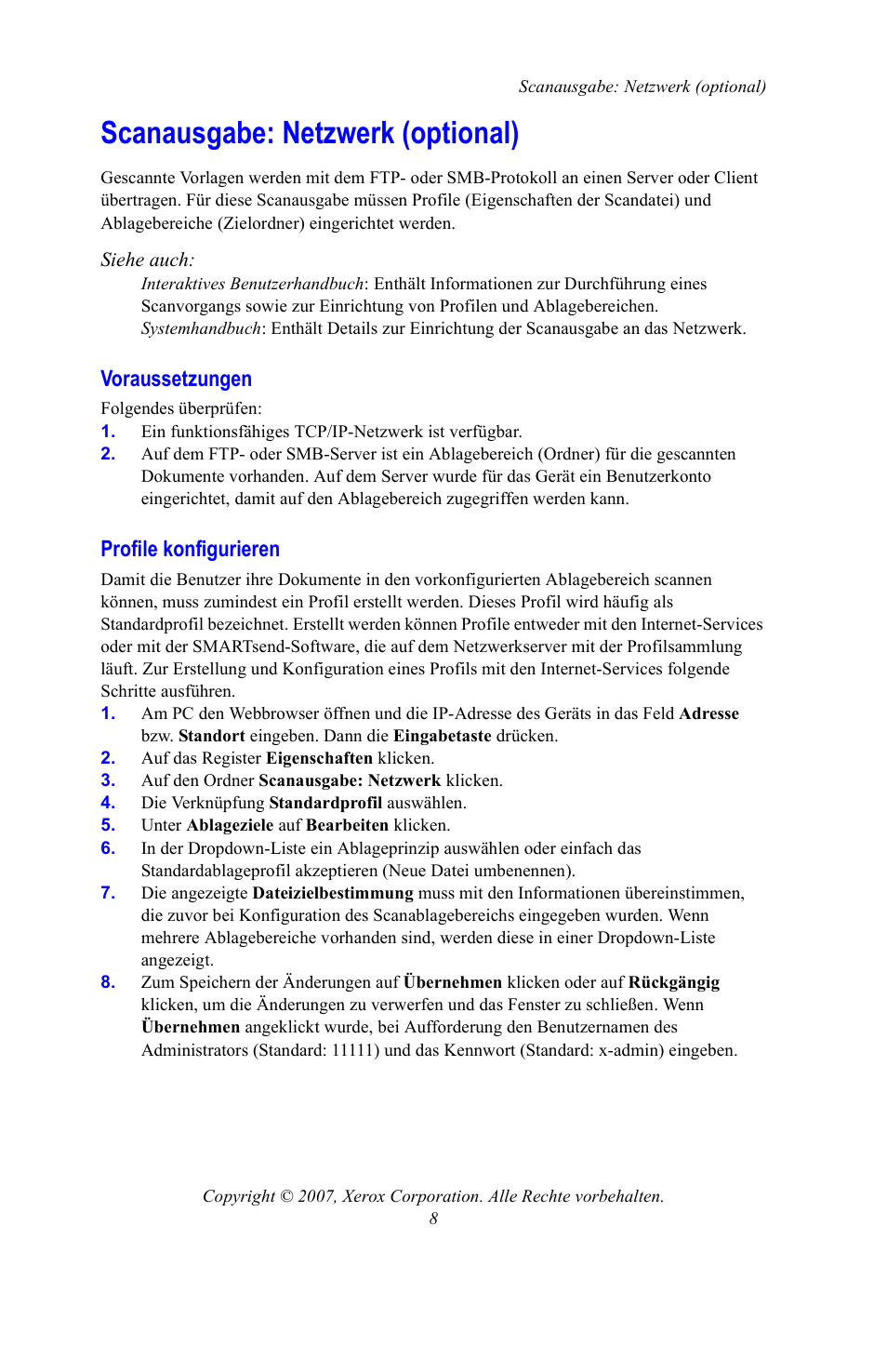 Scanausgabe: netzwerk (optional), Voraussetzungen, Profile konfigurieren | S. 8 | Xerox WorkCentre 7328-7335-7345-7346 con built-in controller-15753 User Manual | Page 48 / 84