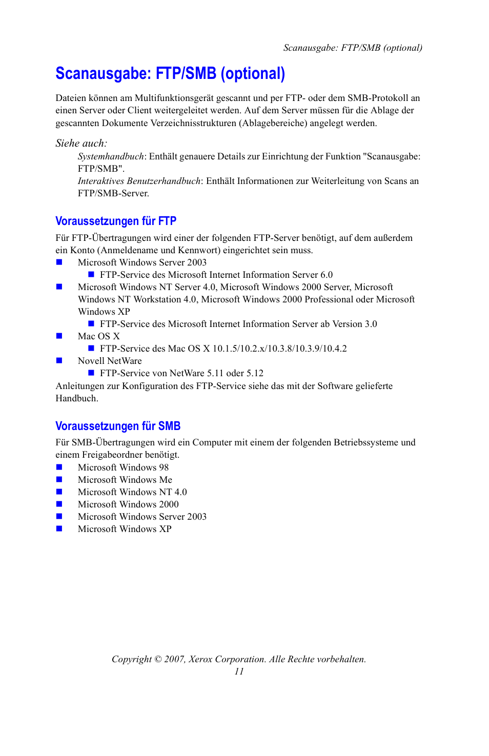 Scanausgabe: ftp/smb (optional), Voraussetzungen für ftp, Voraussetzungen für smb | S. 11 | Xerox WorkCentre 7328-7335-7345-7346 con built-in controller-15753 User Manual | Page 51 / 84