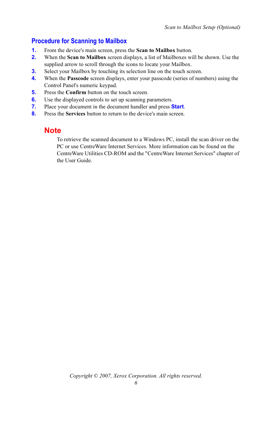 Procedure for scanning to mailbox | Xerox WorkCentre 7328-7335-7345-7346 con built-in controller-15753 User Manual | Page 6 / 84