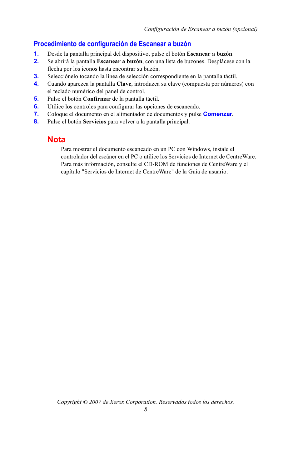 Procedimiento de configuración de escanear a buzón, Nota | Xerox WorkCentre 7328-7335-7345-7346 con built-in controller-15753 User Manual | Page 62 / 84