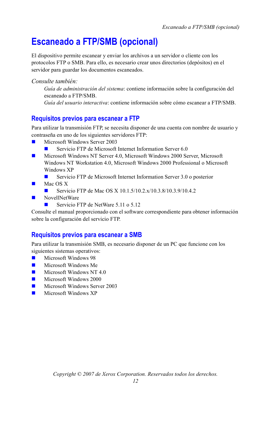 Escaneado a ftp/smb (opcional), Requisitos previos para escanear a ftp, Requisitos previos para escanear a smb | Xerox WorkCentre 7328-7335-7345-7346 con built-in controller-15753 User Manual | Page 66 / 84