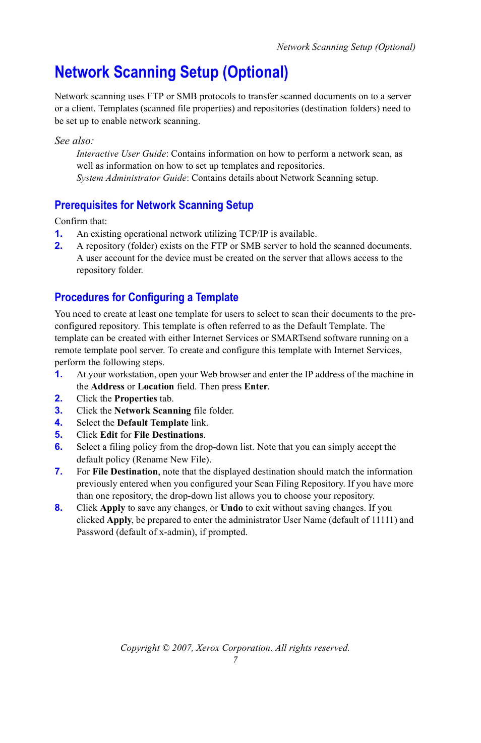 Network scanning setup (optional), Prerequisites for network scanning setup, Procedures for configuring a template | Xerox WorkCentre 7328-7335-7345-7346 con built-in controller-15753 User Manual | Page 7 / 84