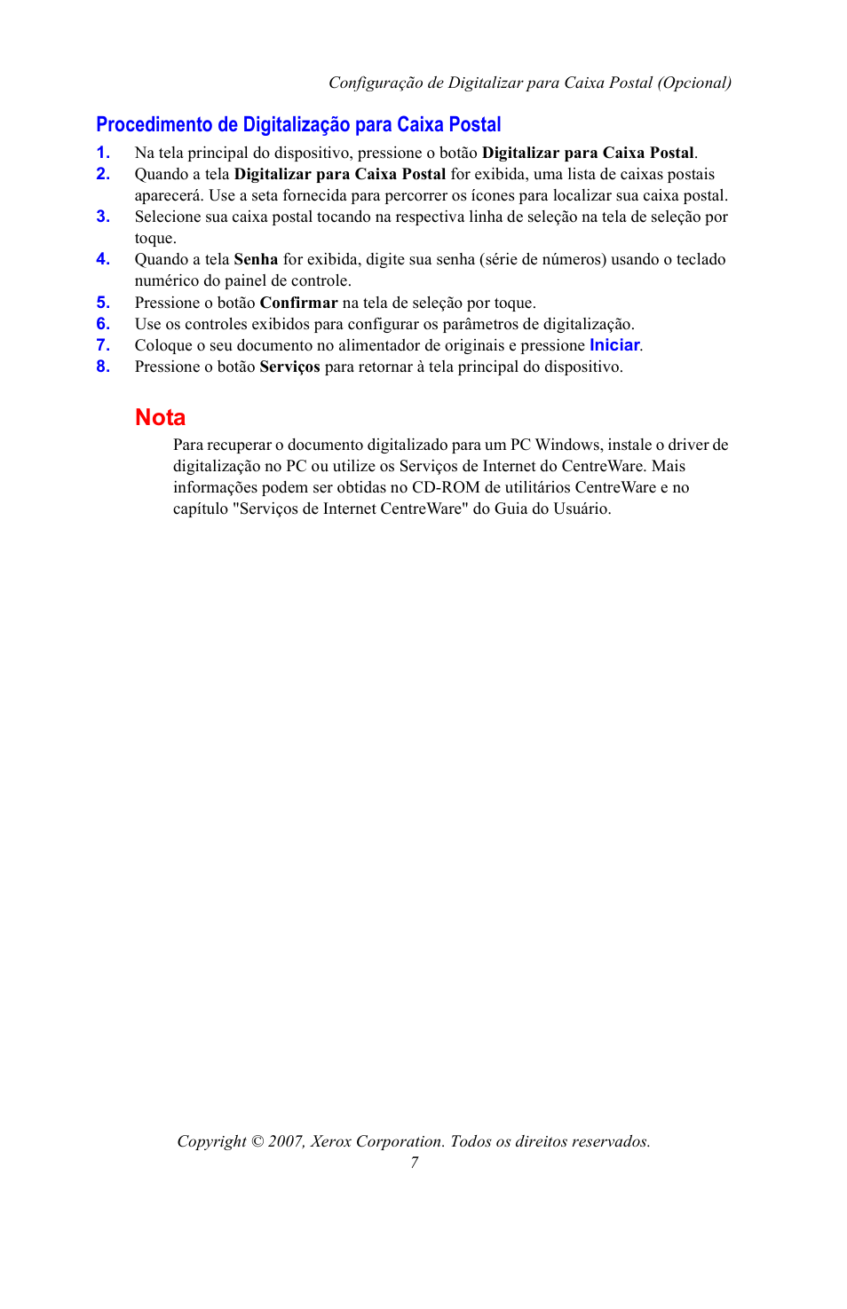 Procedimento de digitalização para caixa postal, Nota | Xerox WorkCentre 7328-7335-7345-7346 con built-in controller-15753 User Manual | Page 77 / 84