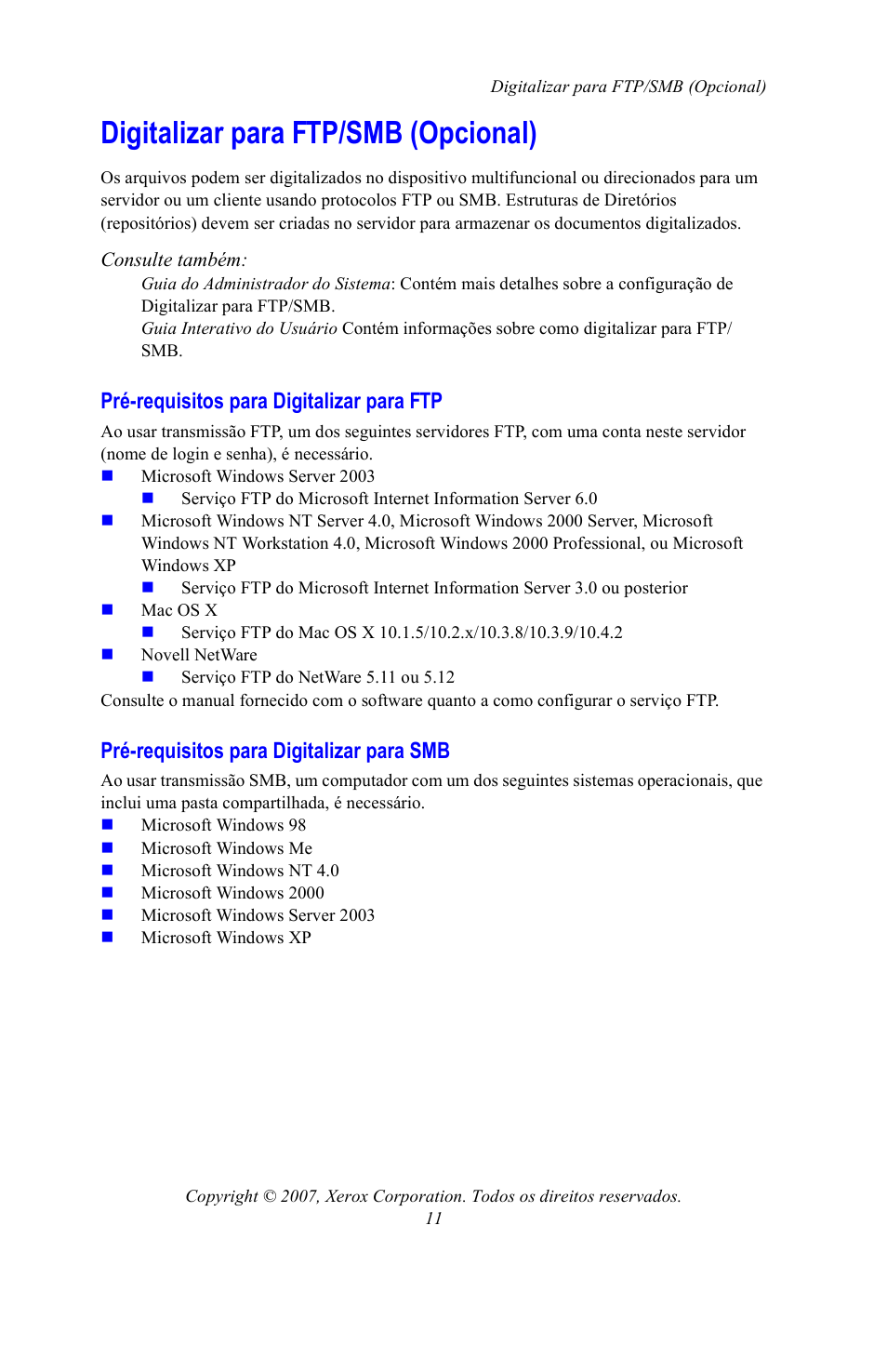 Digitalizar para ftp/smb (opcional), Pré-requisitos para digitalizar para ftp, Pré-requisitos para digitalizar para smb | Xerox WorkCentre 7328-7335-7345-7346 con built-in controller-15753 User Manual | Page 81 / 84