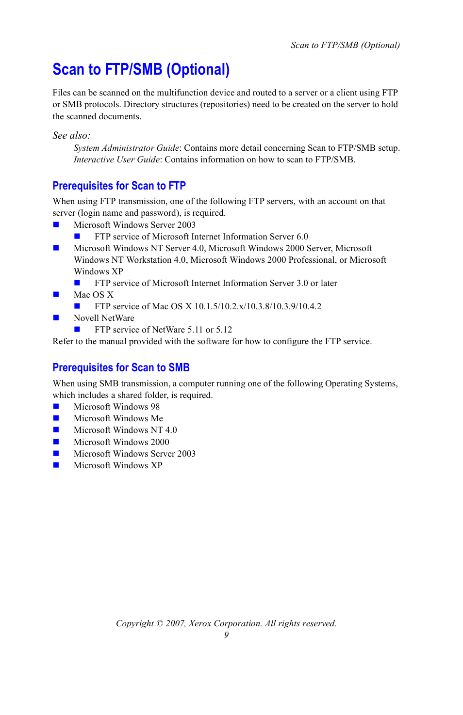 Scan to ftp/smb (optional), Prerequisites for scan to ftp, Prerequisites for scan to smb | Xerox WorkCentre 7328-7335-7345-7346 con built-in controller-15753 User Manual | Page 9 / 84