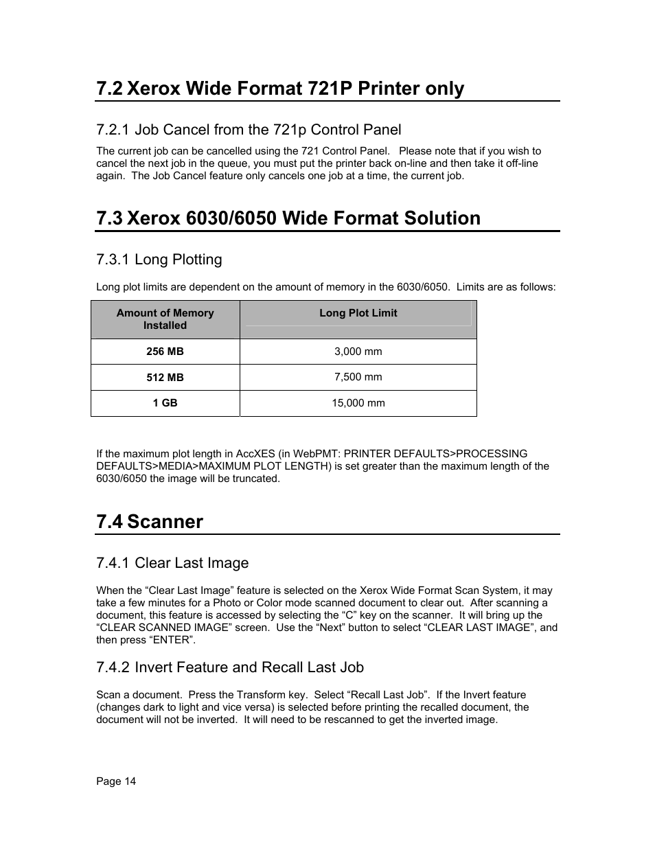 2 xerox wide format 721p printer only, 4 scanner, 1 job cancel from the 721p control panel | 1 long plotting, 1 clear last image, 2 invert feature and recall last job | Xerox WIDE FORMAT  AccXES Firmware 10.0 b140  (Release Notes) User Manual | Page 14 / 27