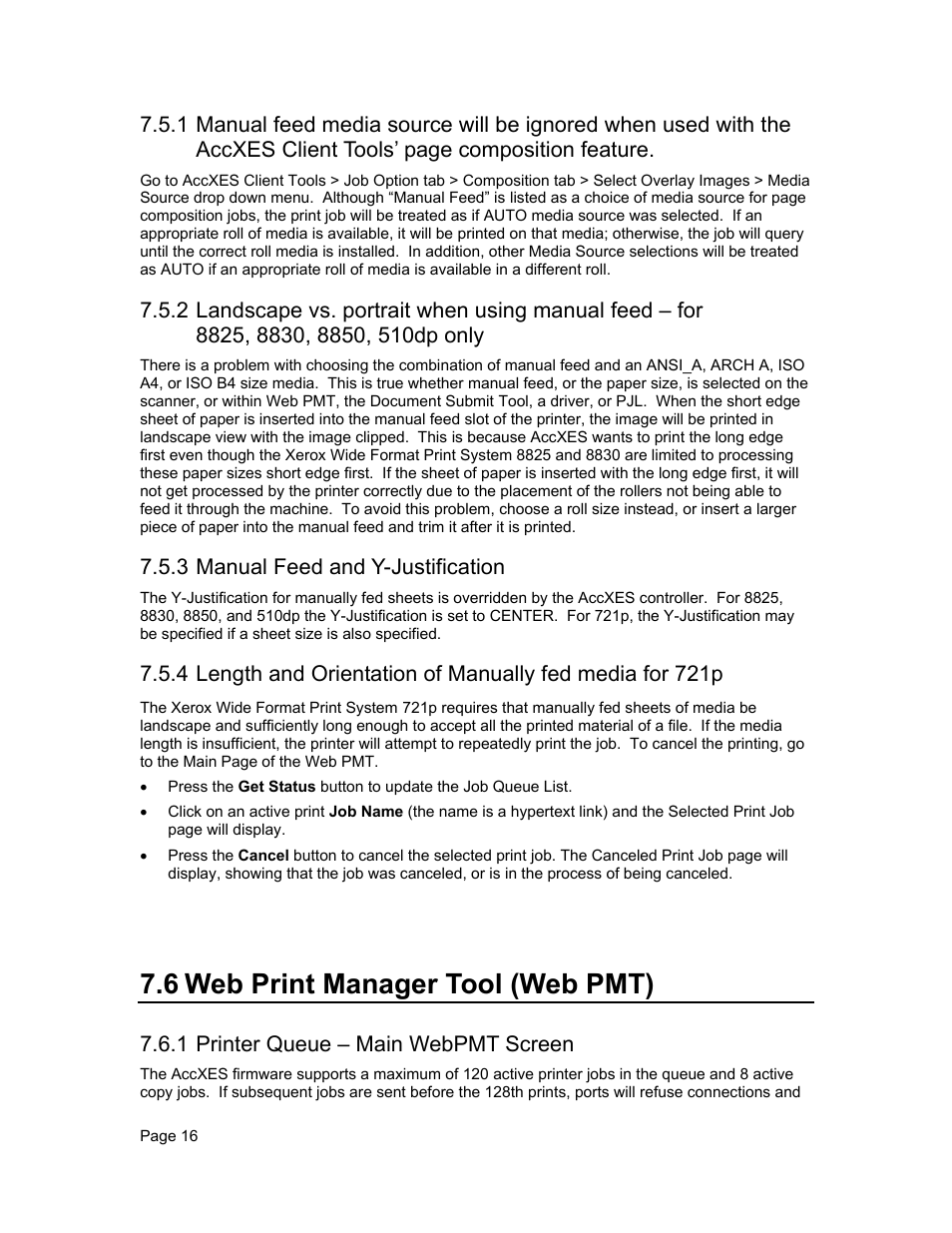 6 web print manager tool (web pmt), 3 manual feed and y-justification, 1 printer queue – main webpmt screen | Xerox WIDE FORMAT  AccXES Firmware 10.0 b140  (Release Notes) User Manual | Page 16 / 27
