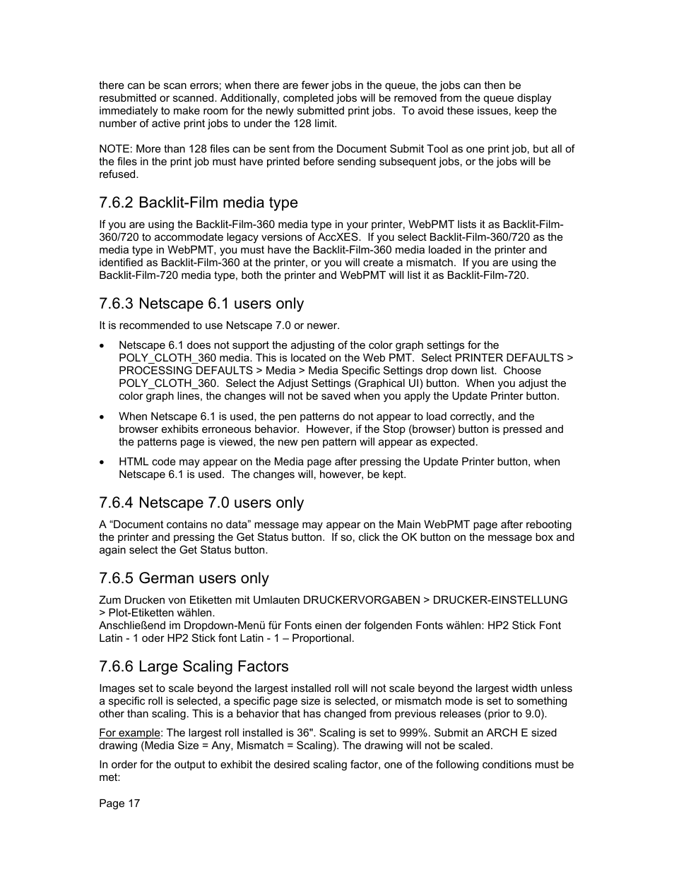 2 backlit-film media type, 3 netscape 6.1 users only, 4 netscape 7.0 users only | 5 german users only, 6 large scaling factors | Xerox WIDE FORMAT  AccXES Firmware 10.0 b140  (Release Notes) User Manual | Page 17 / 27