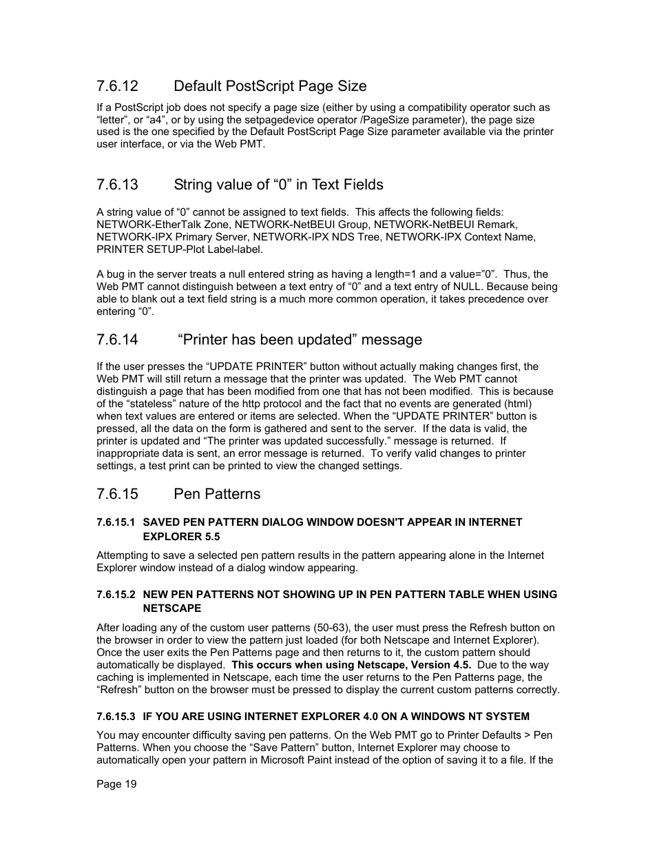 12 default postscript page size, 13 string value of “0” in text fields, 14 “printer has been updated” message | 15 pen patterns | Xerox WIDE FORMAT  AccXES Firmware 10.0 b140  (Release Notes) User Manual | Page 19 / 27