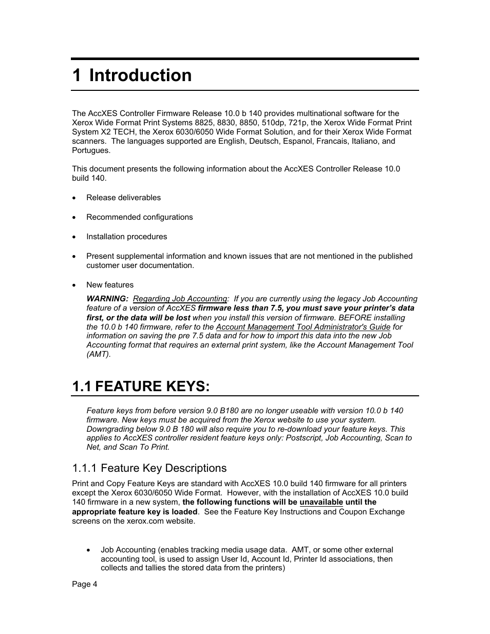 1 introduction, 1 feature keys, 1 feature key descriptions | Xerox WIDE FORMAT  AccXES Firmware 10.0 b140  (Release Notes) User Manual | Page 4 / 27
