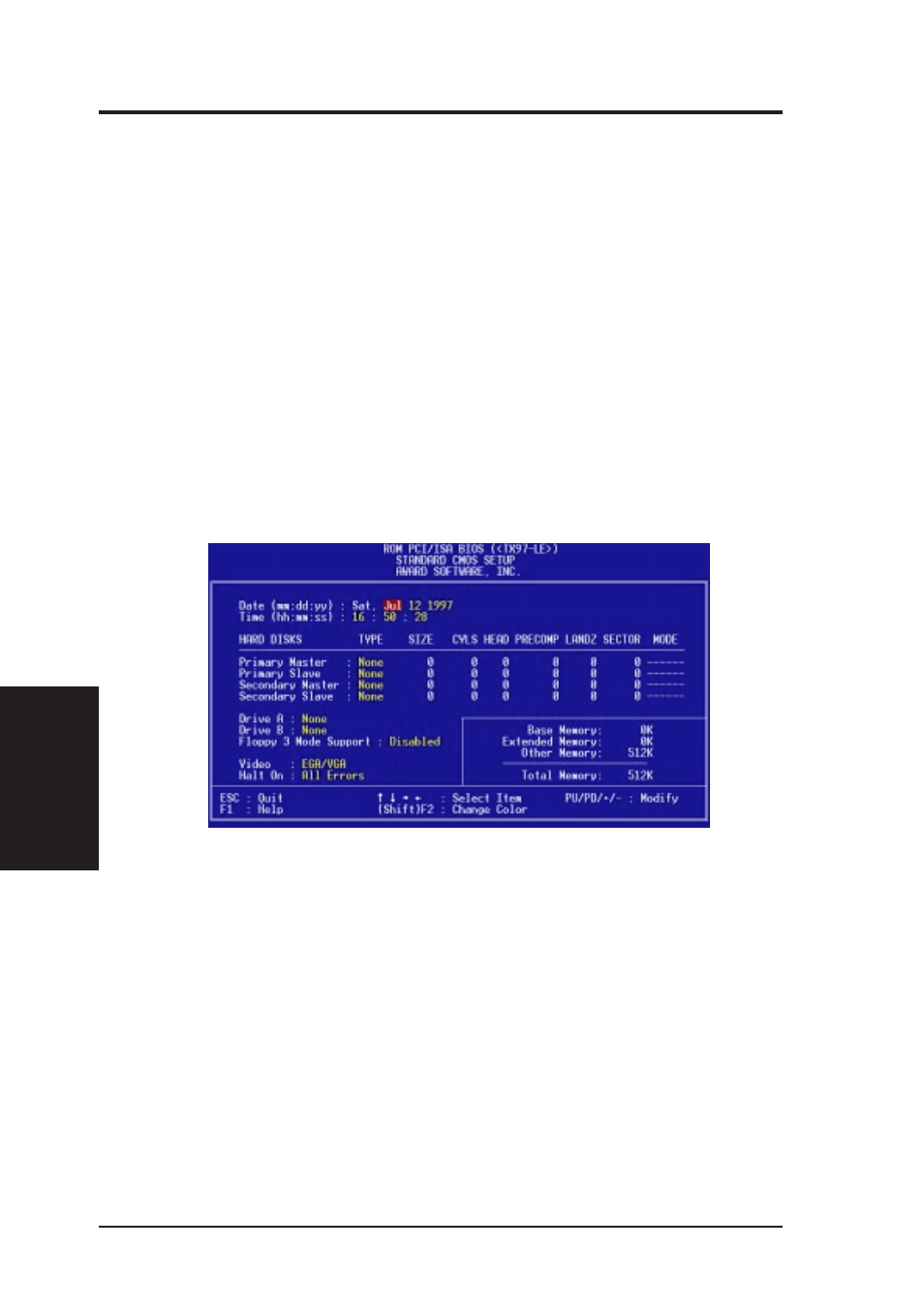 Iv. bios software, Standard cmos setup | Asus Pentium Motherboard TX97-LE User Manual | Page 38 / 64