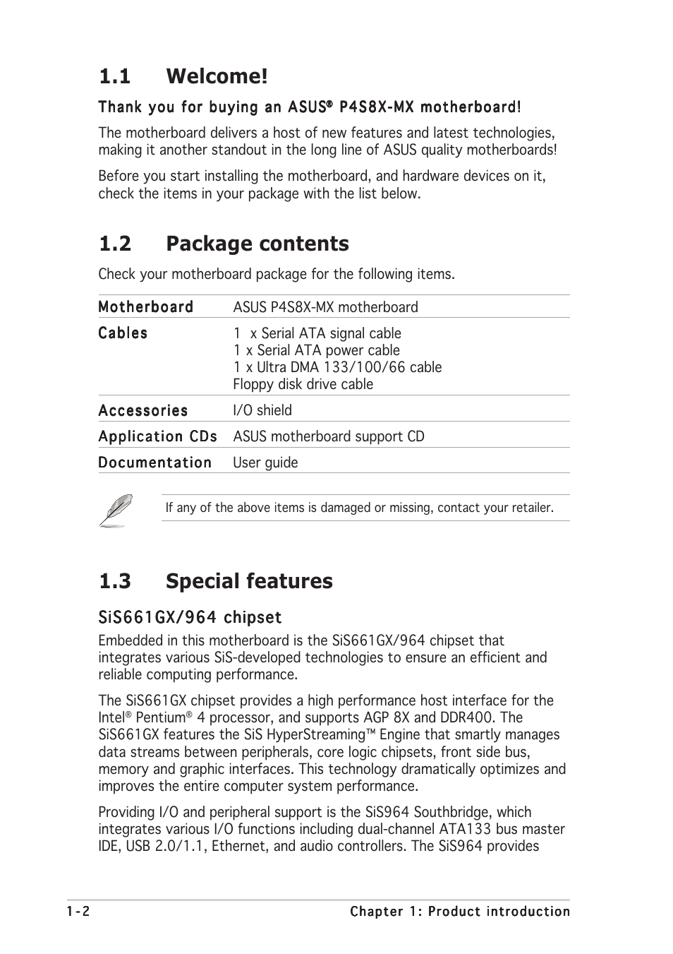 1 welcome, 2 package contents, 3 special features | Asus P4S8X-MX User Manual | Page 12 / 96