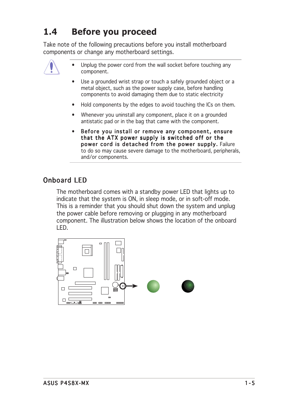 4 before you proceed, Onboard led | Asus P4S8X-MX User Manual | Page 15 / 96