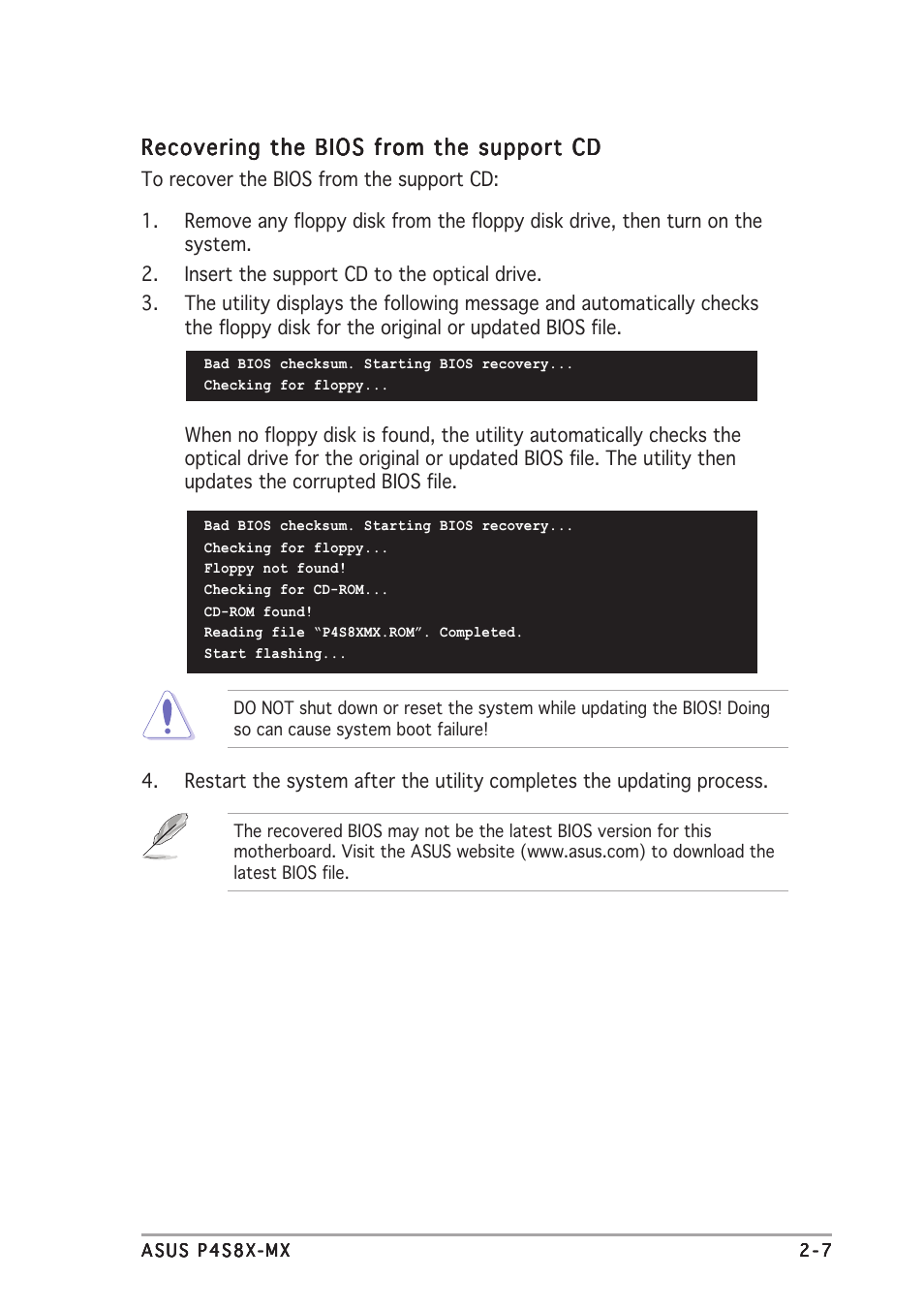 Recovering the bios from the support cd | Asus P4S8X-MX User Manual | Page 49 / 96