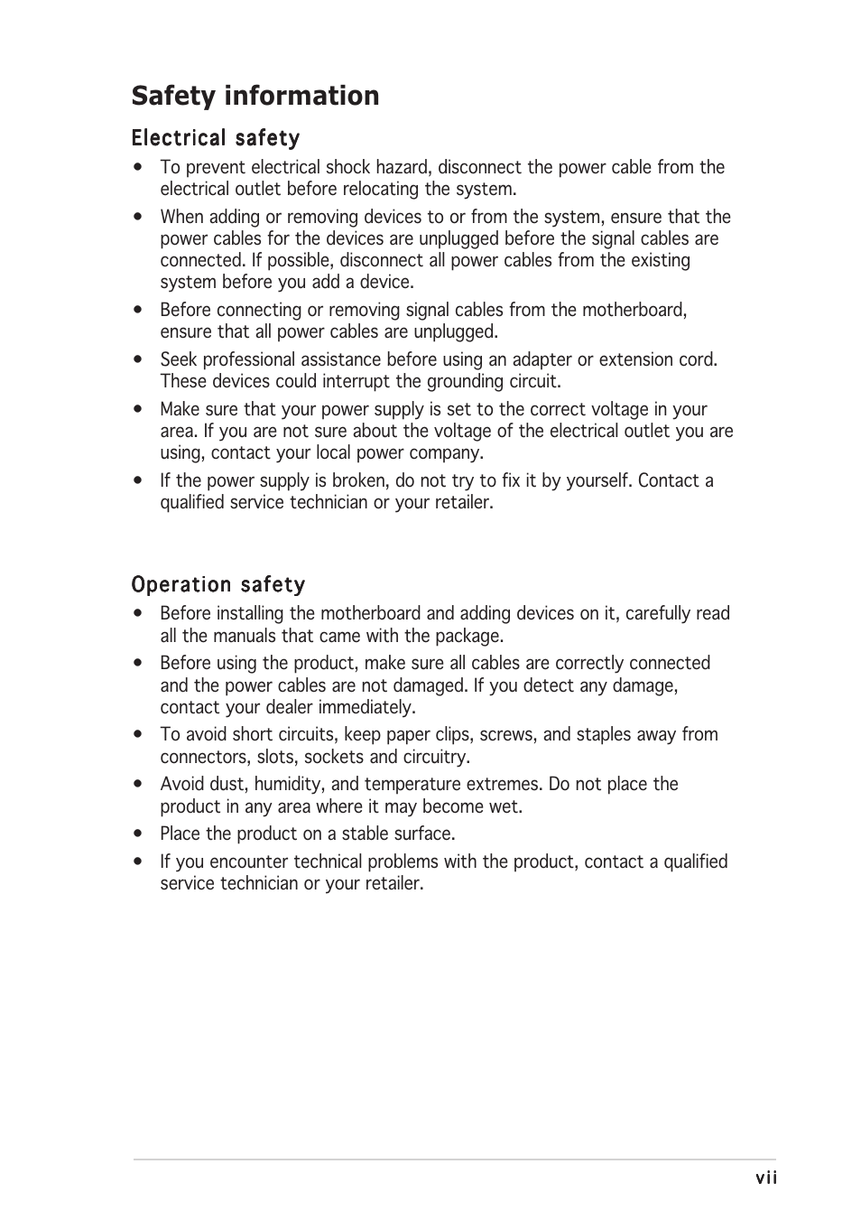 Safety information | Asus P4S8X-MX User Manual | Page 7 / 96