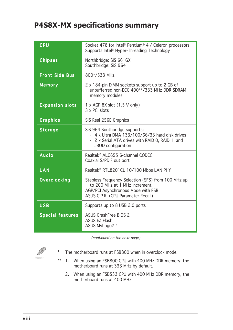 P4s8x-mx specifications summary | Asus P4S8X-MX User Manual | Page 8 / 96