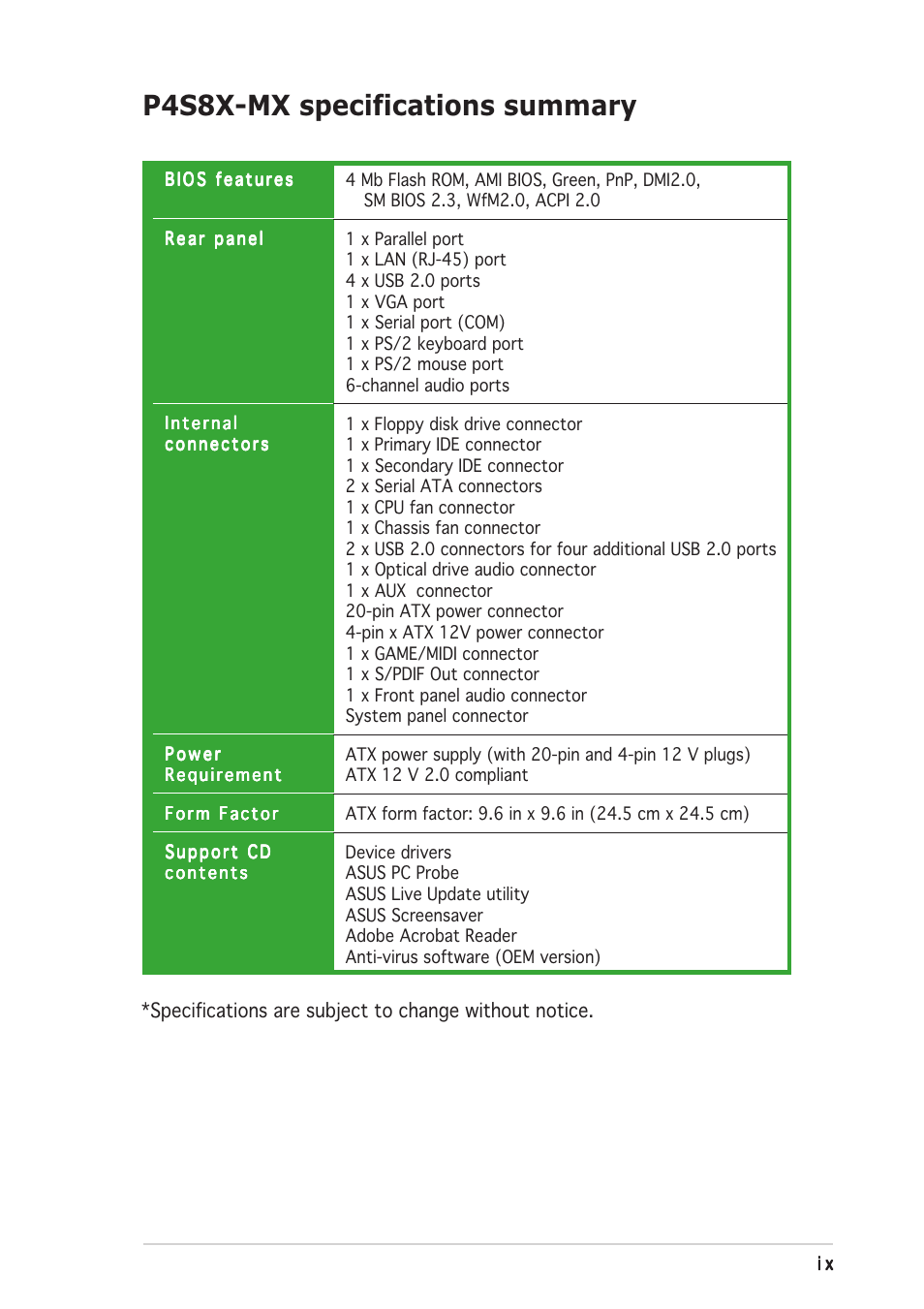 P4s8x-mx specifications summary | Asus P4S8X-MX User Manual | Page 9 / 96