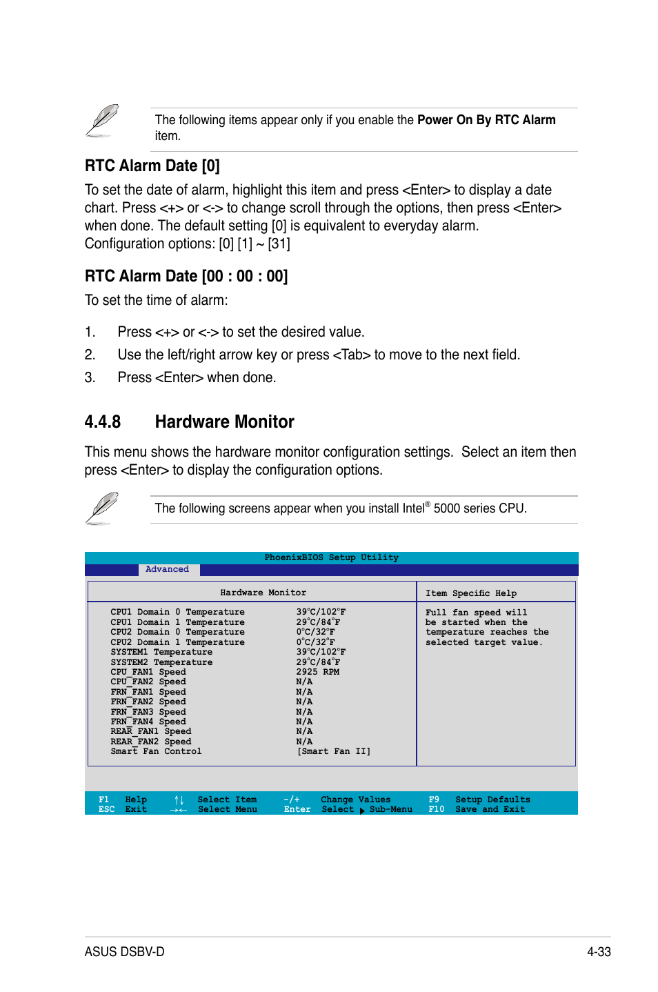 8 hardware monitor, Rtc alarm date [0, 5000 series cpu | Asus Motherboard DSBV-D User Manual | Page 101 / 182