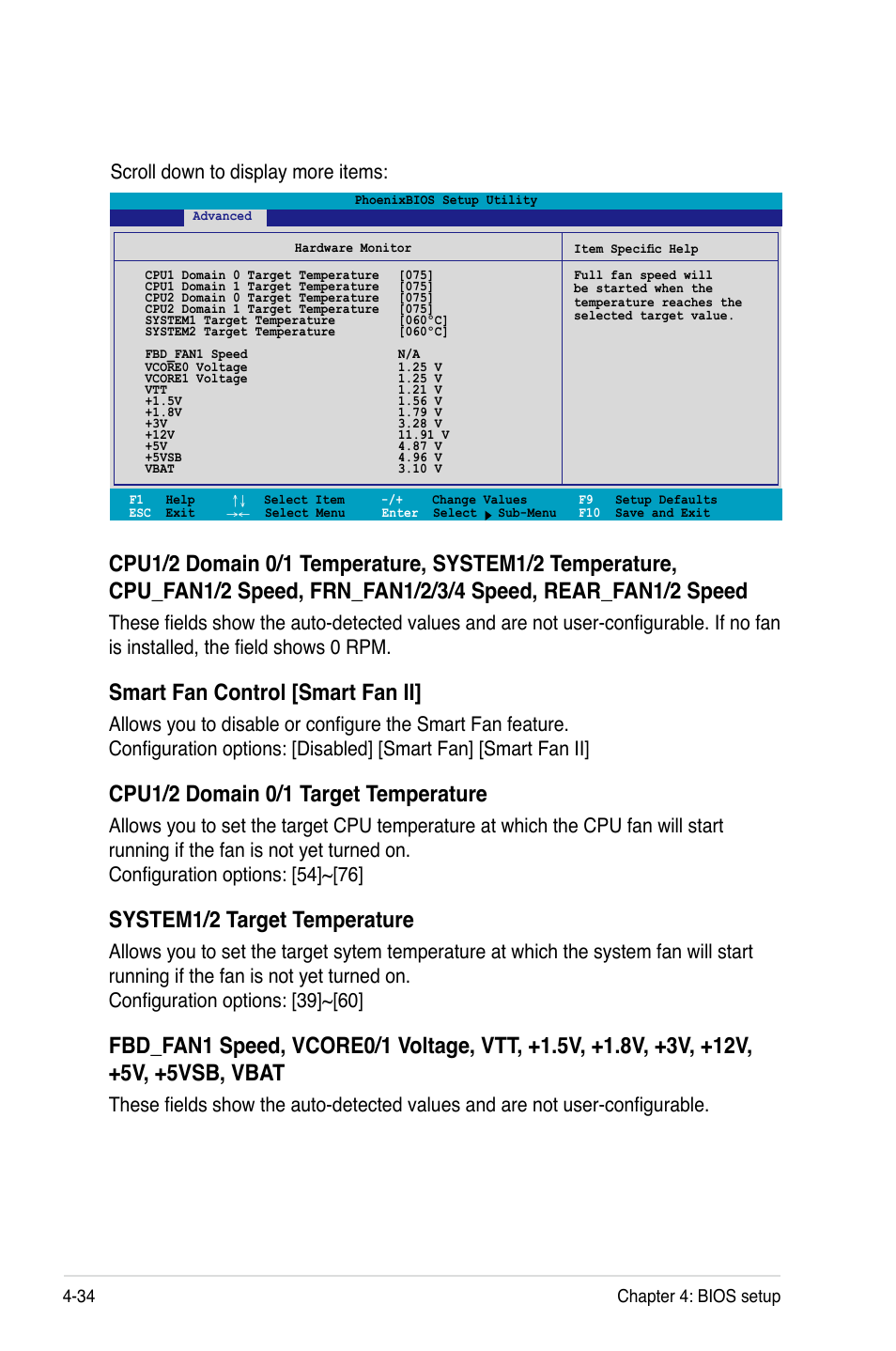 Smart fan control [smart fan ii, Cpu1/2 domain 0/1 target temperature, System1/2 target temperature | Scroll down to display more items | Asus Motherboard DSBV-D User Manual | Page 102 / 182