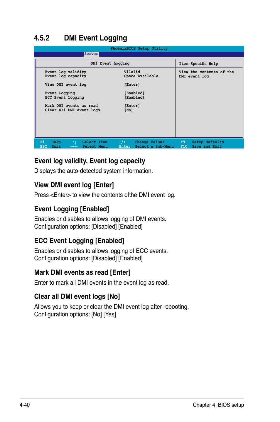 2 dmi event logging, Event log validity, event log capacity, View dmi event log [enter | Event logging [enabled, Ecc event logging [enabled, Mark dmi events as read [enter, Clear all dmi event logs [no, Displays the auto-detected system information | Asus Motherboard DSBV-D User Manual | Page 108 / 182