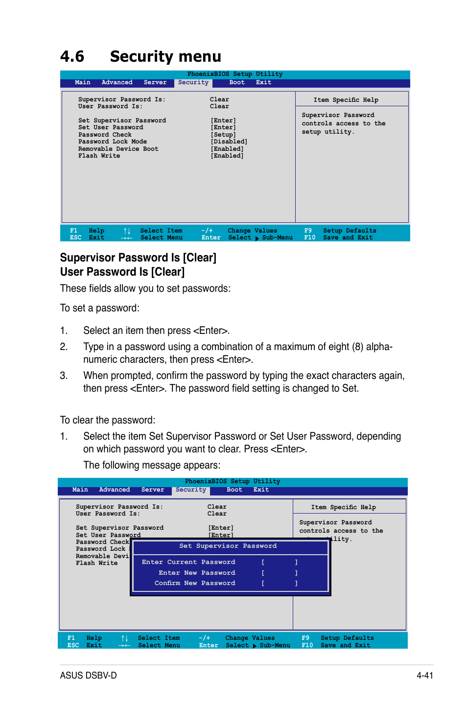 6 security menu, Asus dsbv-d 4-41 | Asus Motherboard DSBV-D User Manual | Page 109 / 182