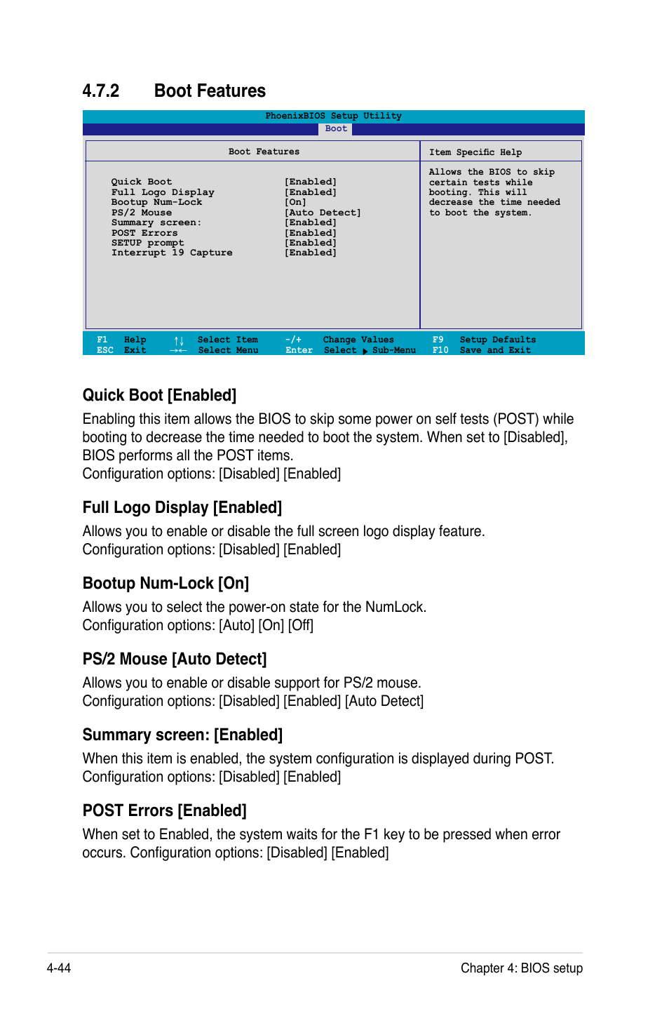 2 boot features, Quick boot [enabled, Full logo display [enabled | Bootup num-lock [on, Ps/2 mouse [auto detect, Summary screen: [enabled, Post errors [enabled | Asus Motherboard DSBV-D User Manual | Page 112 / 182