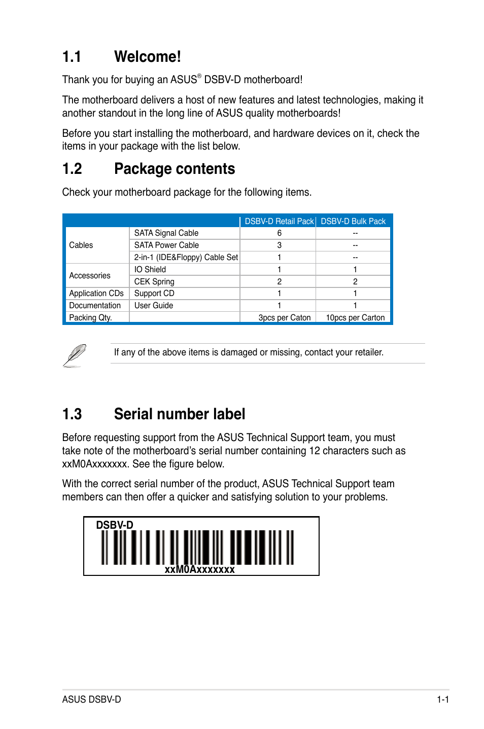 1 welcome, 2 package contents, 3 serial number label | Asus Motherboard DSBV-D User Manual | Page 15 / 182