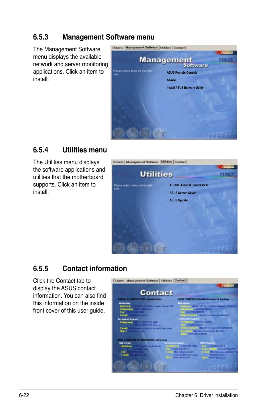 3 management software menu, 4 utilities menu, 5 contact information | Asus Motherboard DSBV-D User Manual | Page 178 / 182