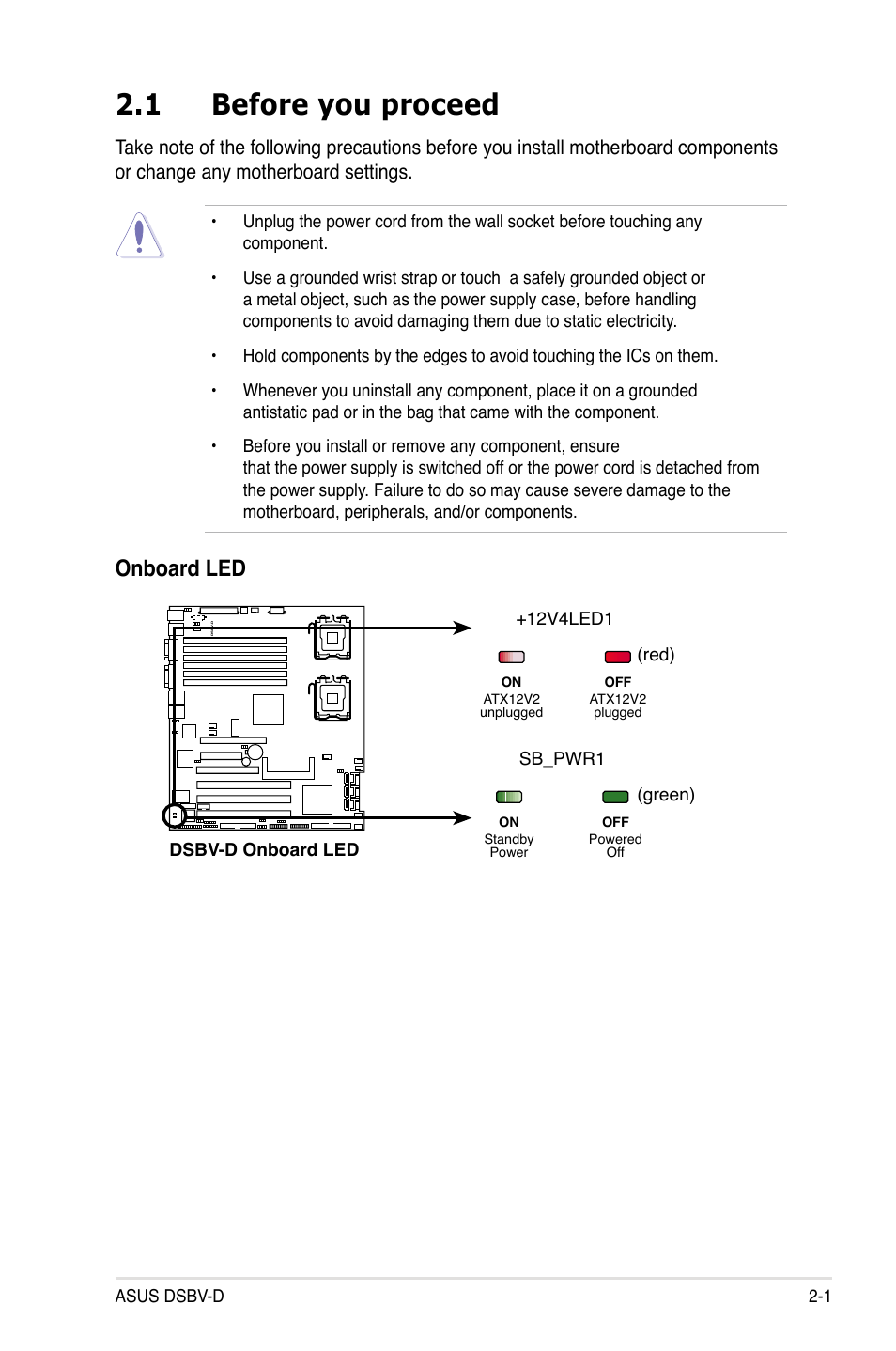 1 before you proceed, Onboard led | Asus Motherboard DSBV-D User Manual | Page 21 / 182