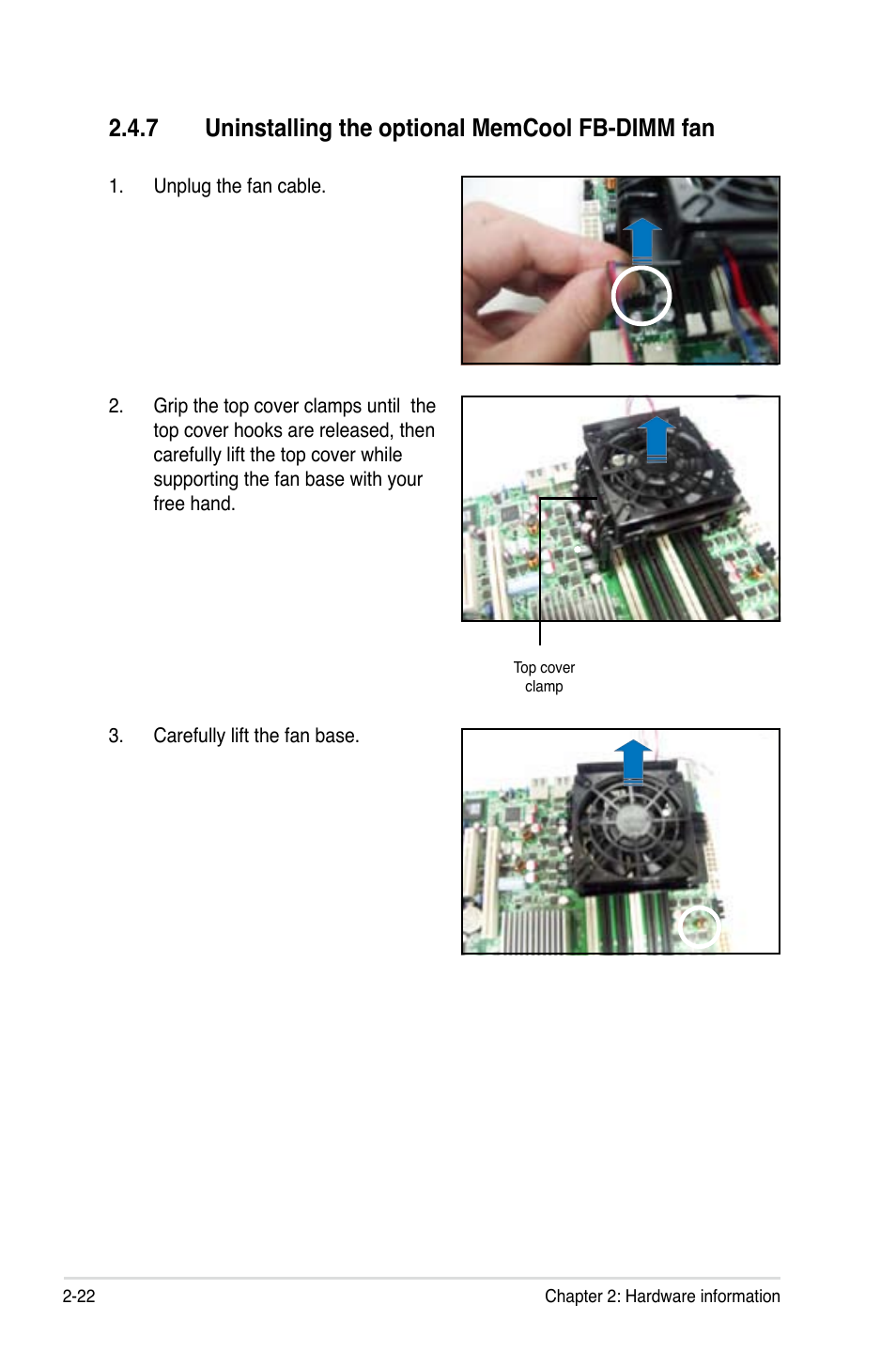 7 uninstalling the optional memcool fb-dimm fan | Asus Motherboard DSBV-D User Manual | Page 42 / 182