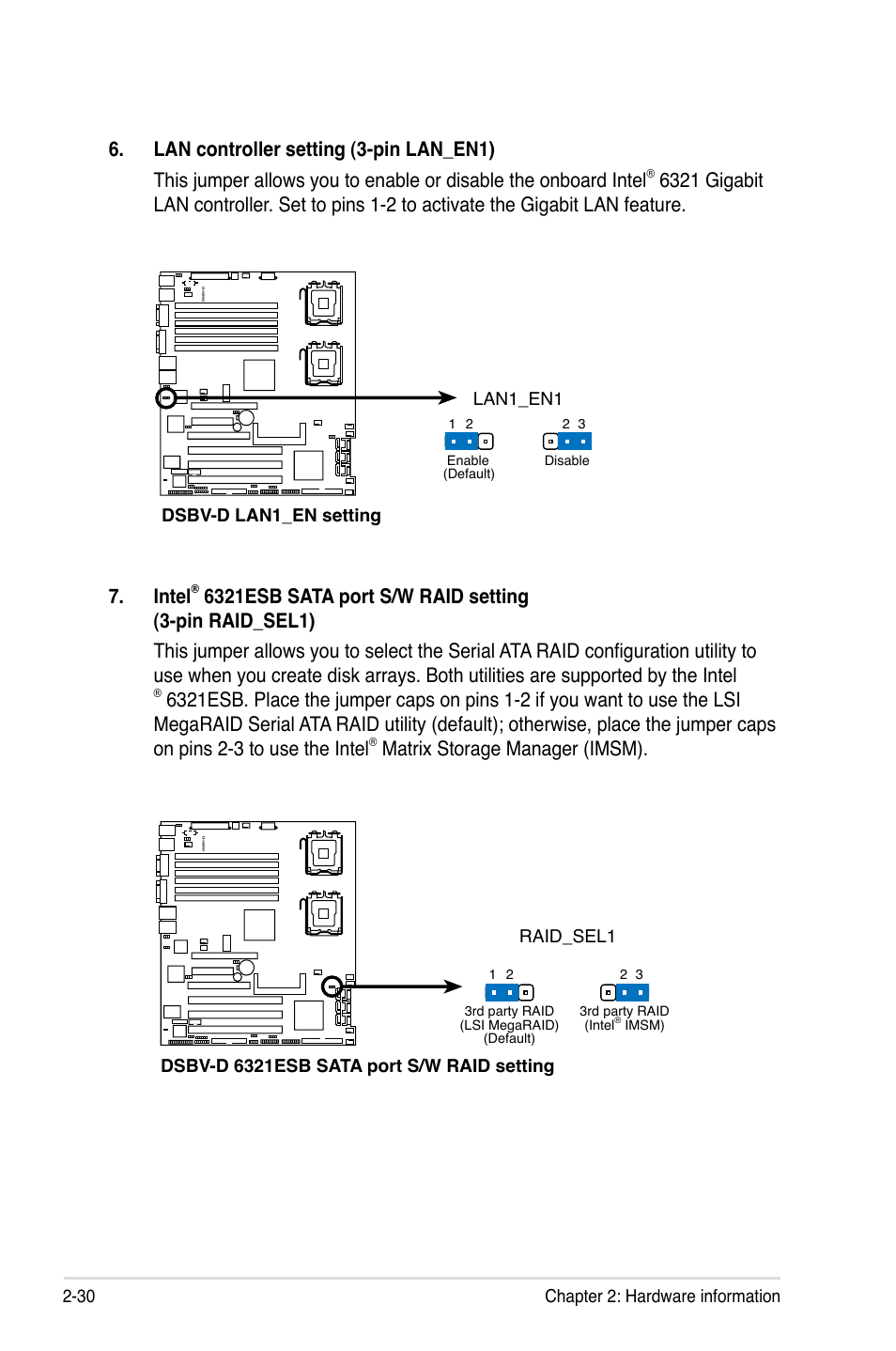 Matrix storage manager (imsm), 30 chapter 2: hardware information, Dsbv-d lan1_en setting lan1_en1 | Asus Motherboard DSBV-D User Manual | Page 50 / 182