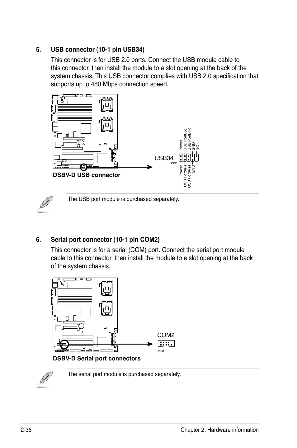 36 chapter 2: hardware information, The serial port module is purchased separately, The usb port module is purchased separately | Dsbv-d usb connector usb34, Dsbv-d serial port connectors, Com2 | Asus Motherboard DSBV-D User Manual | Page 56 / 182