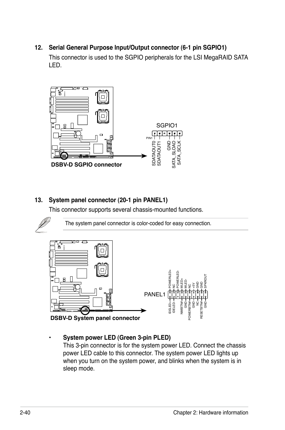 40 chapter 2: hardware information, Dsbv-d sgpio connector sgpio1, Dsbv-d system panel connector panel1 | Asus Motherboard DSBV-D User Manual | Page 60 / 182