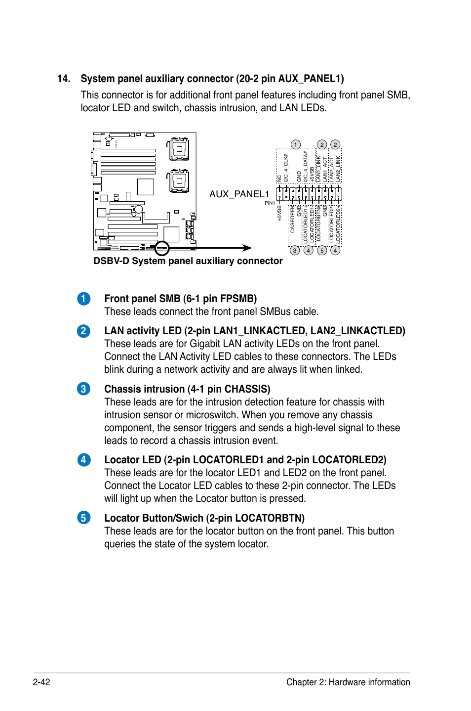 42 chapter 2: hardware information, Dsbv-d system panel auxiliary connector aux_panel1 | Asus Motherboard DSBV-D User Manual | Page 62 / 182