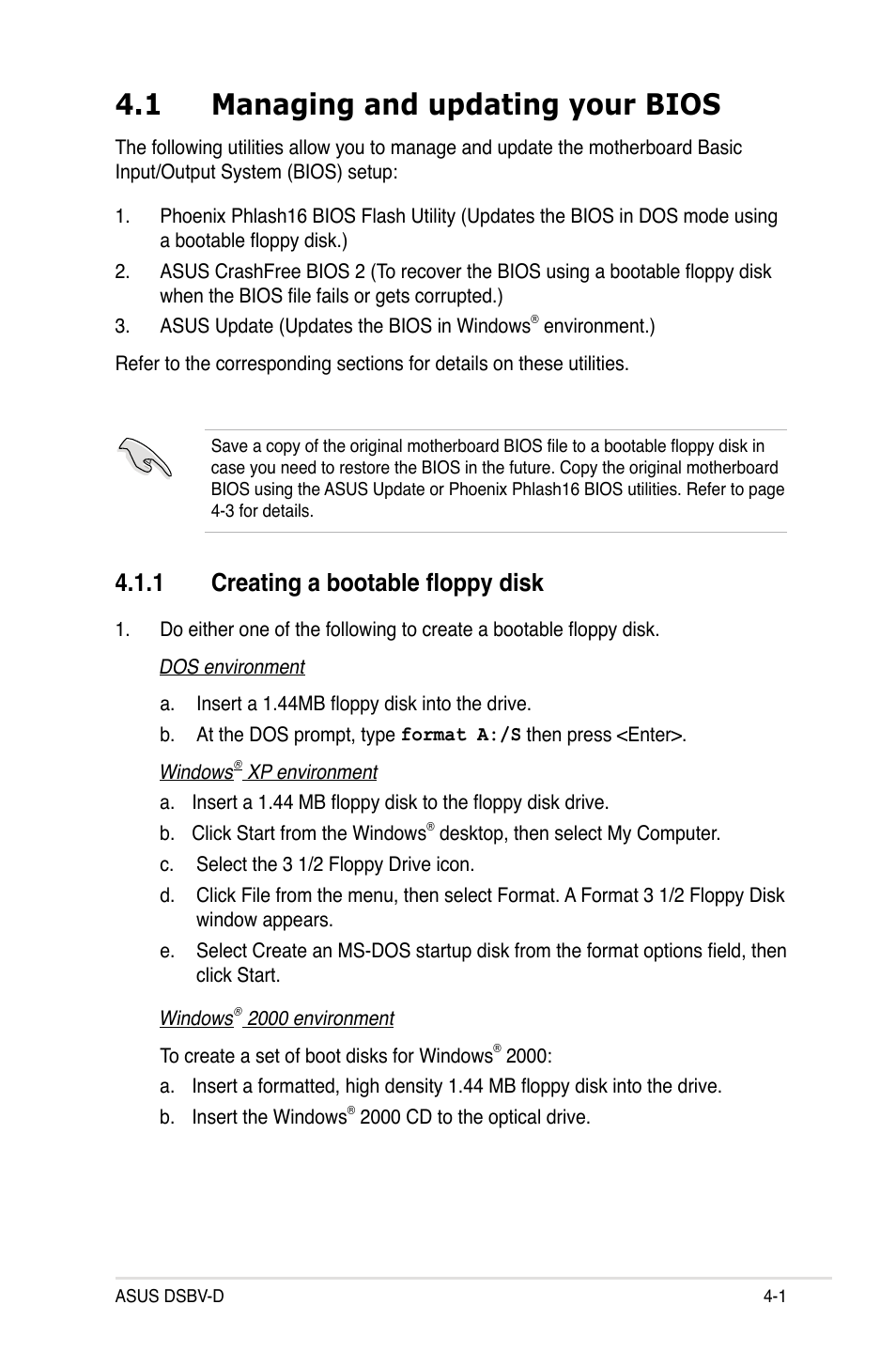 1 managing and updating your bios, 1 creating a bootable floppy disk | Asus Motherboard DSBV-D User Manual | Page 69 / 182