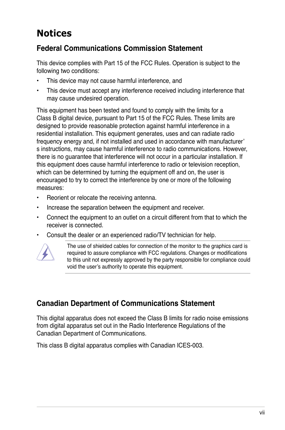 Notices, Federal communications commission statement, Canadian department of communications statement | Asus Motherboard DSBV-D User Manual | Page 7 / 182