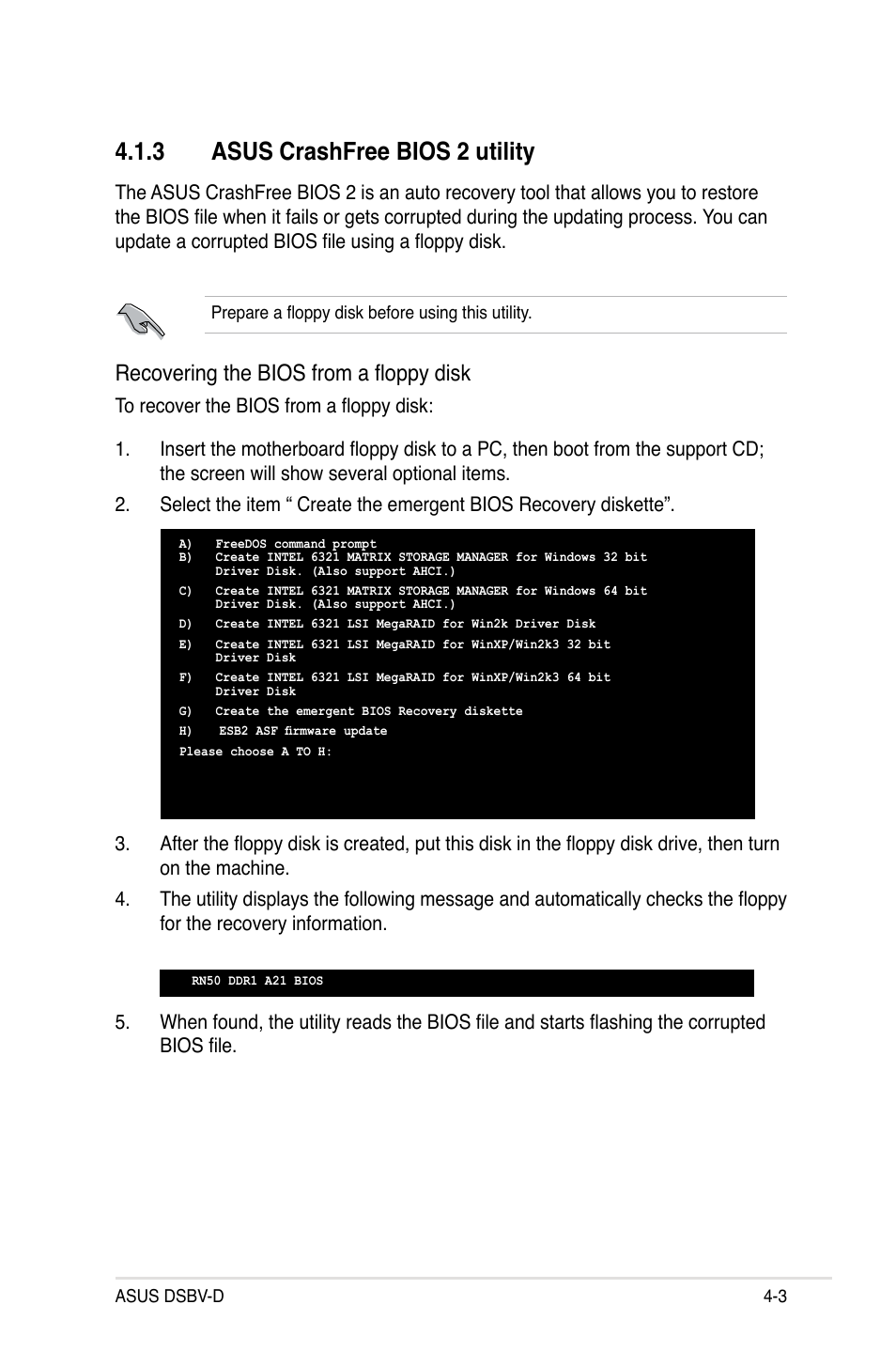 3 asus crashfree bios 2 utility, Recovering the bios from a floppy disk | Asus Motherboard DSBV-D User Manual | Page 71 / 182