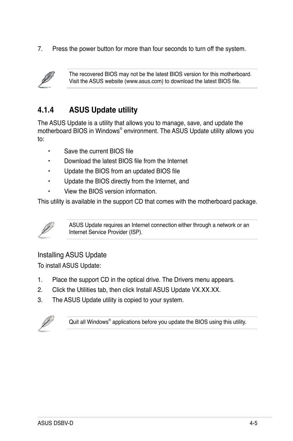 4 asus update utility, Installing asus update | Asus Motherboard DSBV-D User Manual | Page 73 / 182