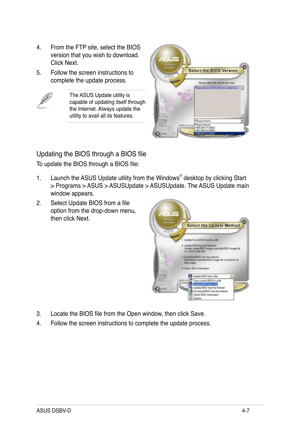 Updating the bios through a bios file | Asus Motherboard DSBV-D User Manual | Page 75 / 182