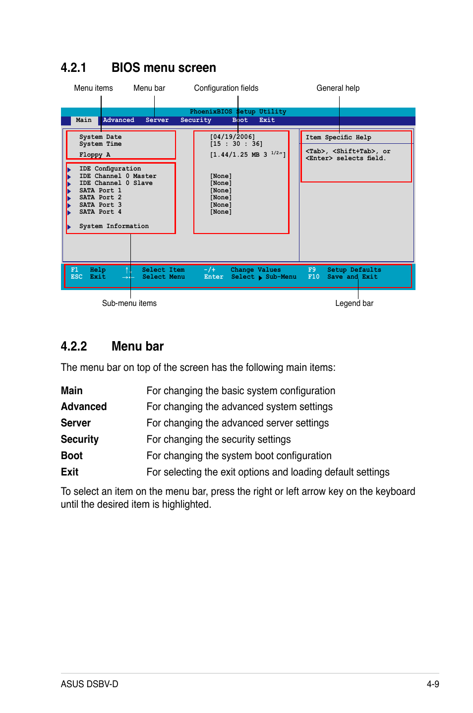 2 menu bar, 1 bios menu screen | Asus Motherboard DSBV-D User Manual | Page 77 / 182